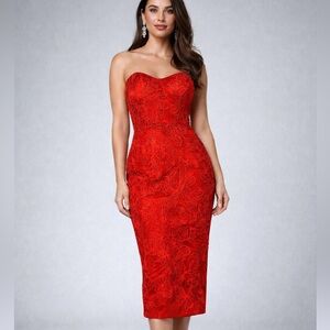 Bariano Red Floral Embroidered Strapless Midi Dress US 4